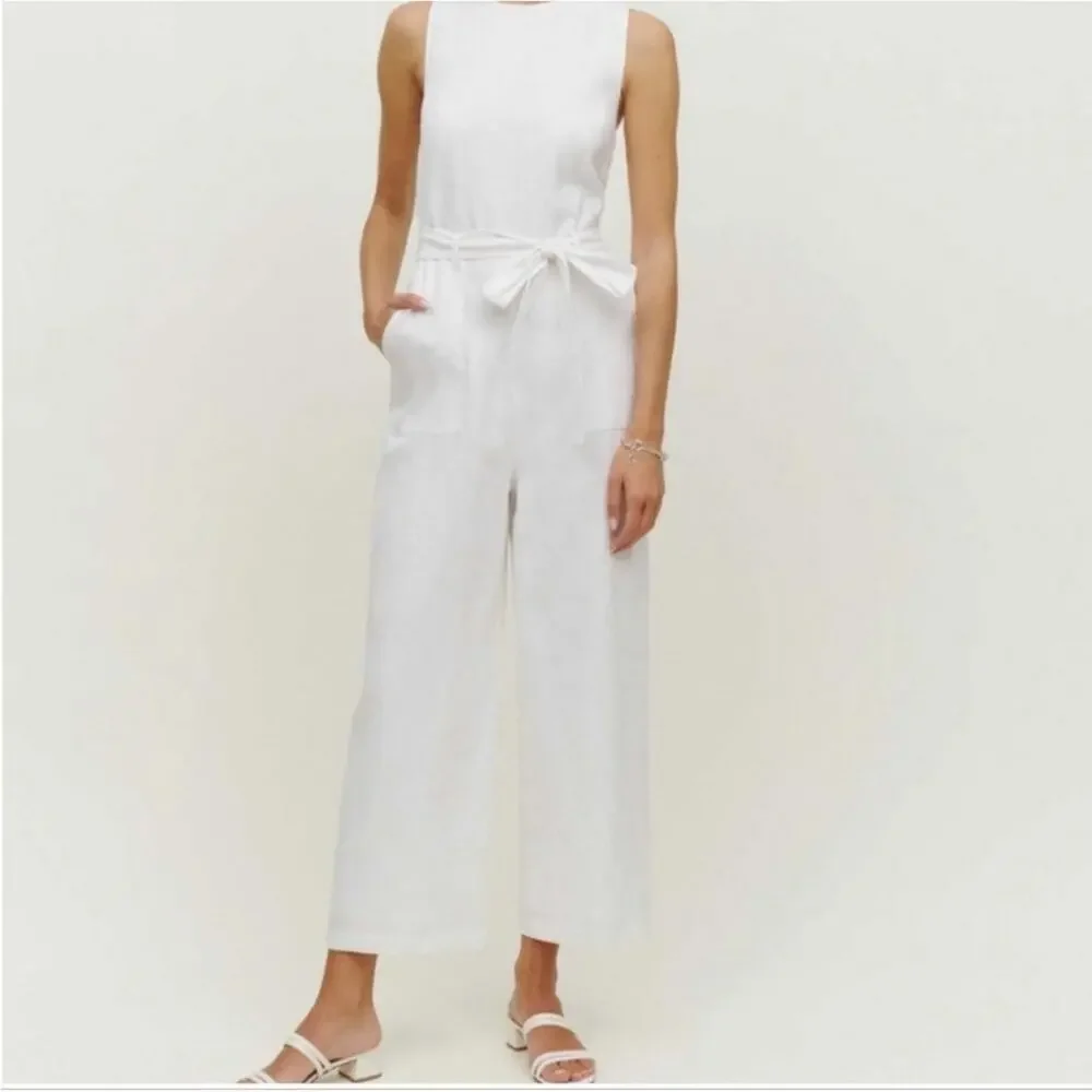 Reformation Naomi White 100% Linen Wide Leg Belted Jumpsuit Size 2